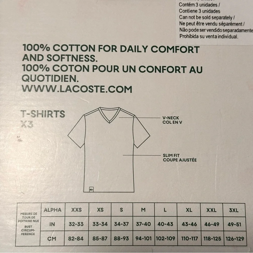 LACOSTE 3XL Men’s V-Neck Black Shirts 3-Pack Slim Fit XXXL Cotton